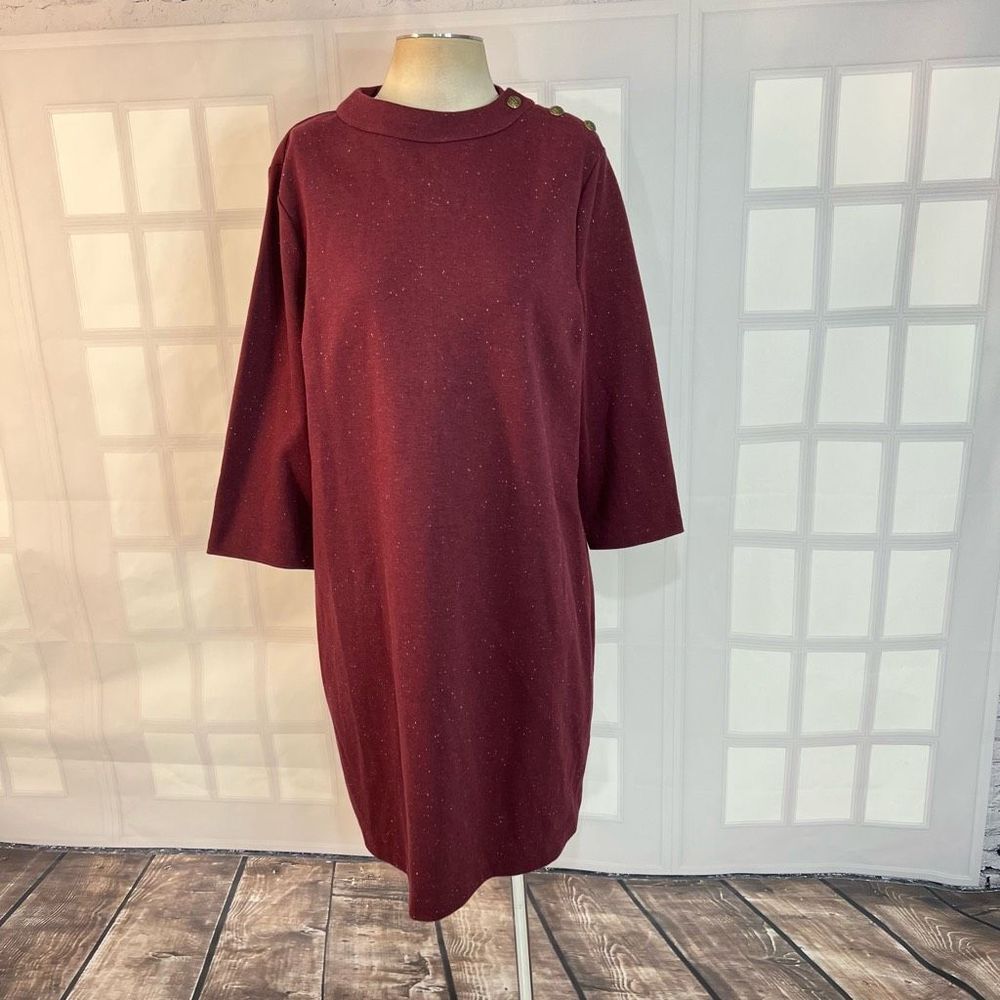 Talbots burgundy speckled button detail long sleeve shift dress size xl